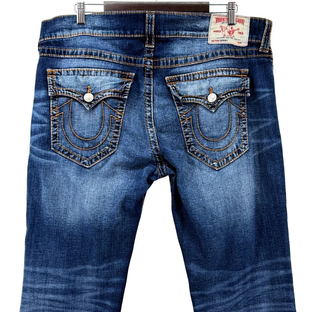 True Religion Skinny Flap Jeans Mens 40 Blue Dark Wash Excellent Horseshoe Flap